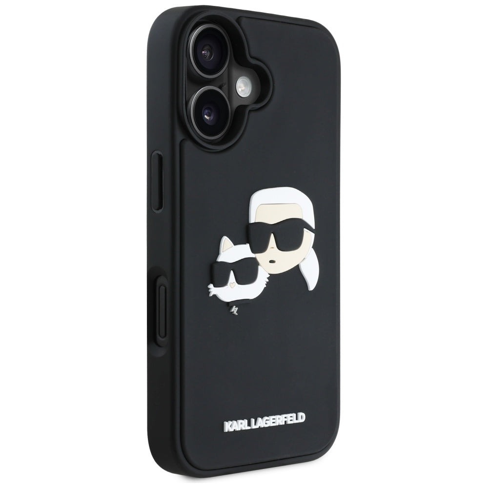 Funda para Apple iPhone 16, Karl Lagerfeld, 3D Rubber Karl & Choupette, Negra
