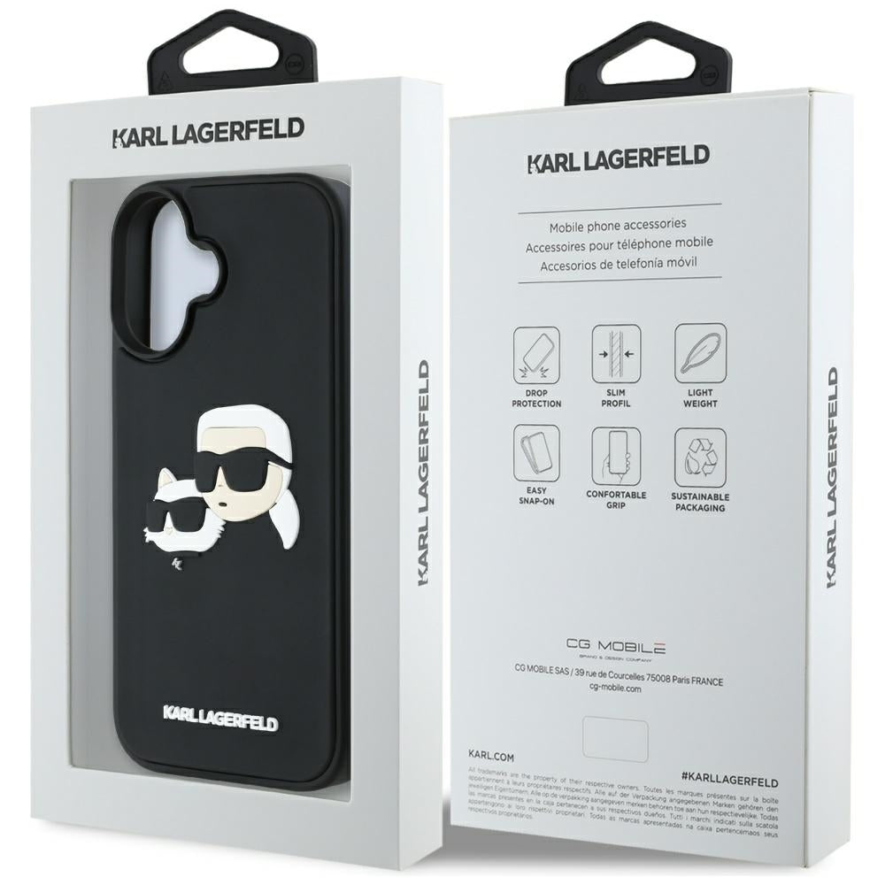 Funda para Apple iPhone 16, Karl Lagerfeld, 3D Rubber Karl & Choupette, Negra