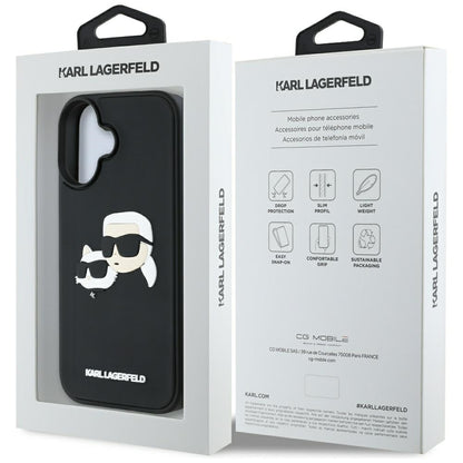 Funda para Apple iPhone 16, Karl Lagerfeld, 3D Rubber Karl & Choupette, Negra