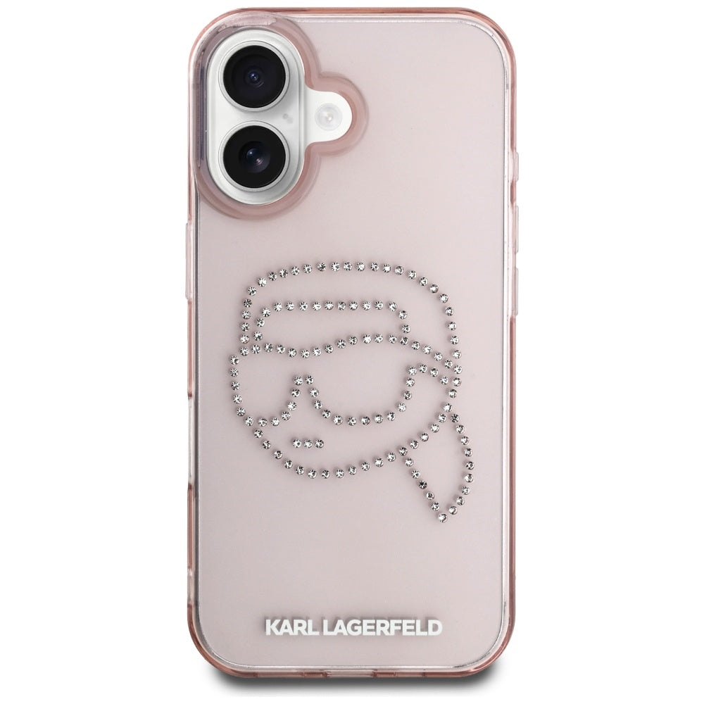 Funda para Apple iPhone 16, Karl Lagerfeld, IML Rhinestones Karl's Head, Rosa