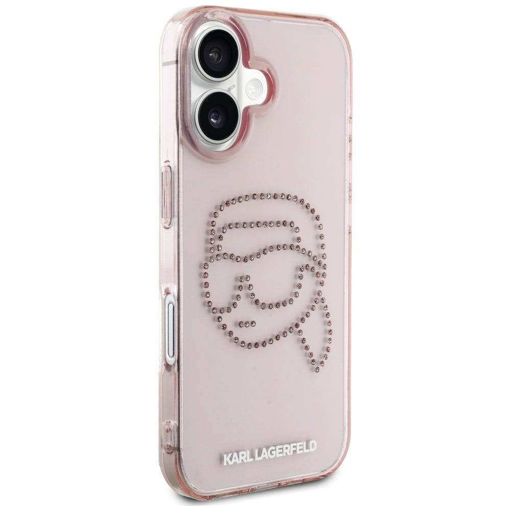 Funda para Apple iPhone 16, Karl Lagerfeld, IML Rhinestones Karl's Head, Rosa