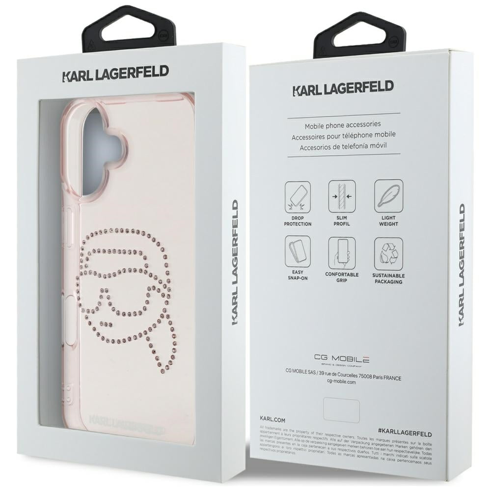Funda para Apple iPhone 16, Karl Lagerfeld, IML Rhinestones Karl's Head, Rosa