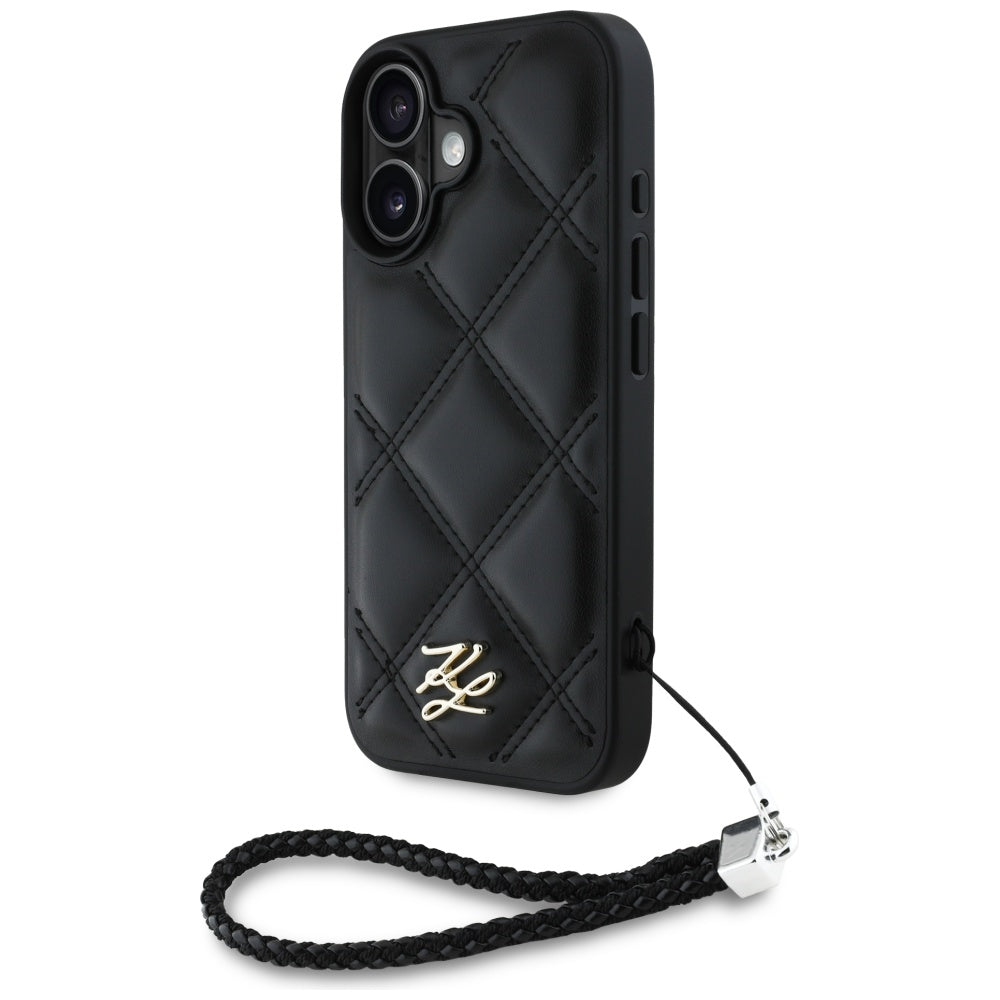 Funda para Apple iPhone 16, Karl Lagerfeld, Logo Inicial Acolchado & Correa de Cadena, Negra