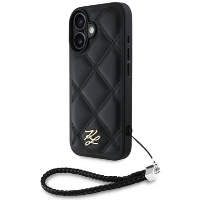 Funda para Apple iPhone 16, Karl Lagerfeld, Logo Inicial Acolchado & Correa de Cadena, Negra