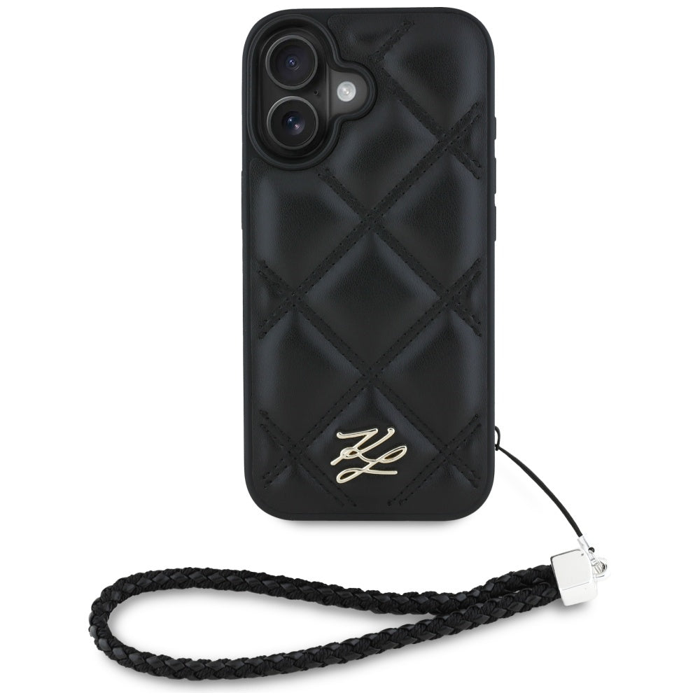 Funda para Apple iPhone 16, Karl Lagerfeld, Logo Inicial Acolchado & Correa de Cadena, Negra