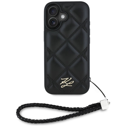 Funda para Apple iPhone 16, Karl Lagerfeld, Logo Inicial Acolchado & Correa de Cadena, Negra
