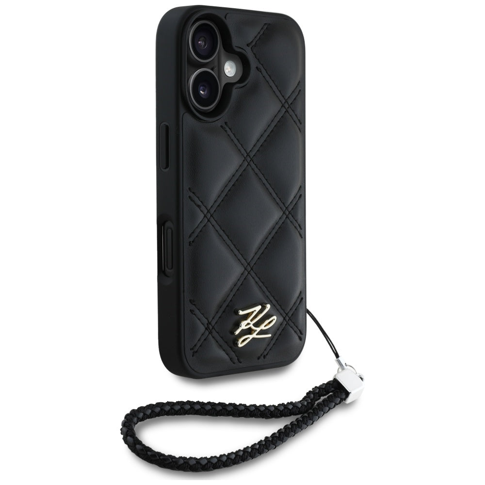 Funda para Apple iPhone 16, Karl Lagerfeld, Logo Inicial Acolchado & Correa de Cadena, Negra