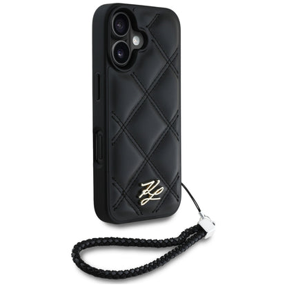 Funda para Apple iPhone 16, Karl Lagerfeld, Logo Inicial Acolchado & Correa de Cadena, Negra