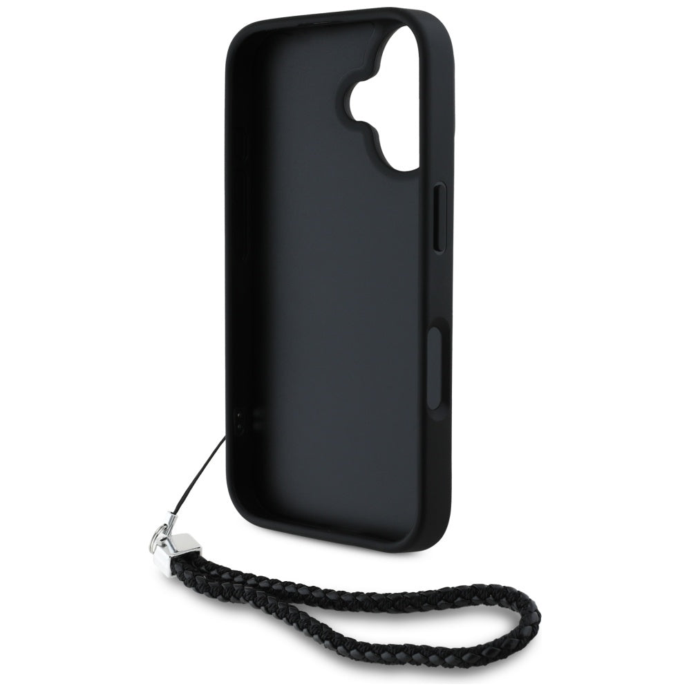 Funda para Apple iPhone 16, Karl Lagerfeld, Logo Inicial Acolchado & Correa de Cadena, Negra