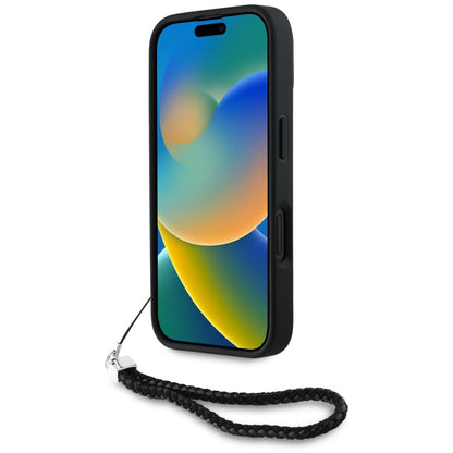 Funda para Apple iPhone 16, Karl Lagerfeld, Logo Inicial Acolchado & Correa de Cadena, Negra