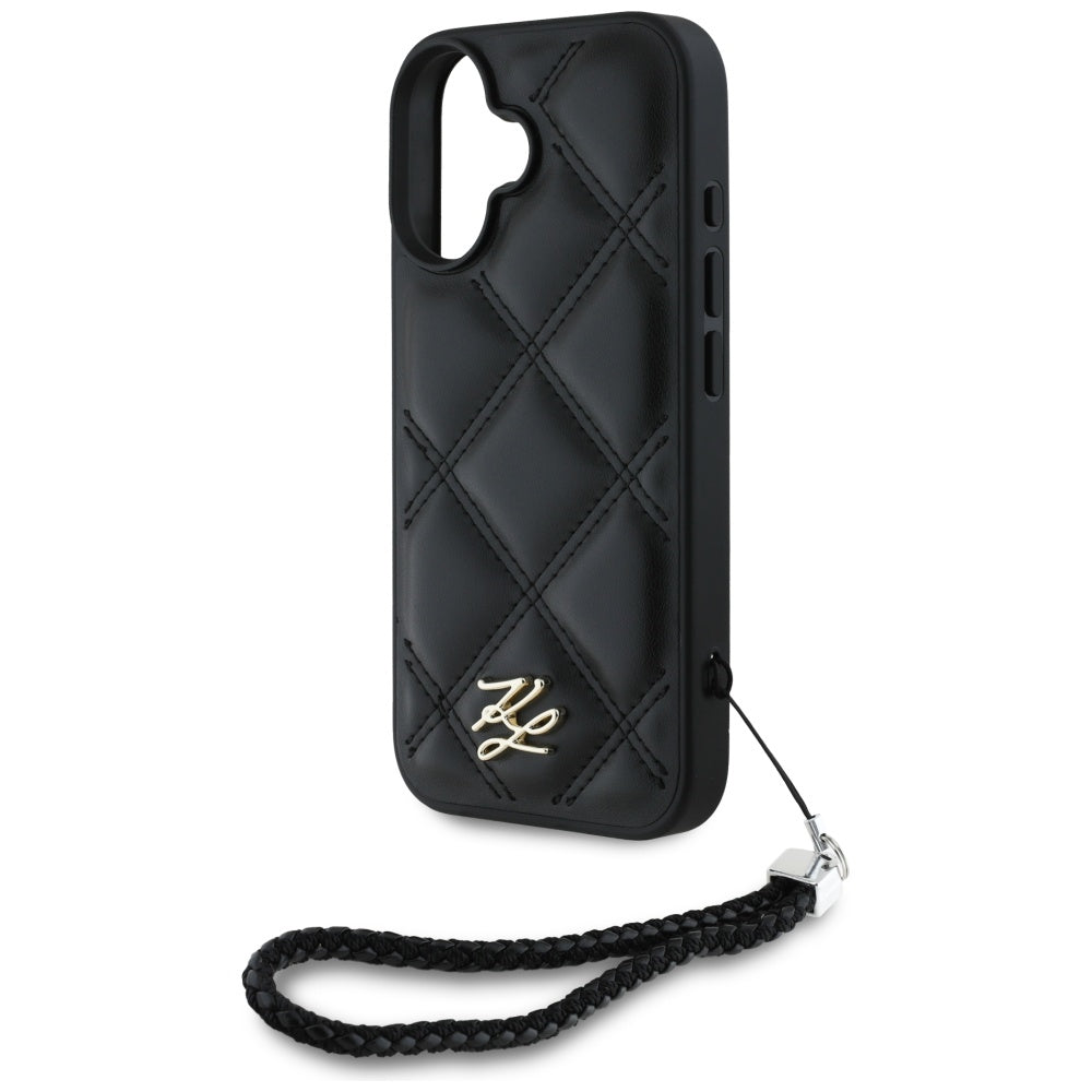 Funda para Apple iPhone 16, Karl Lagerfeld, Logo Inicial Acolchado & Correa de Cadena, Negra