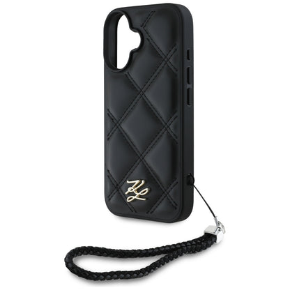 Funda para Apple iPhone 16, Karl Lagerfeld, Logo Inicial Acolchado & Correa de Cadena, Negra