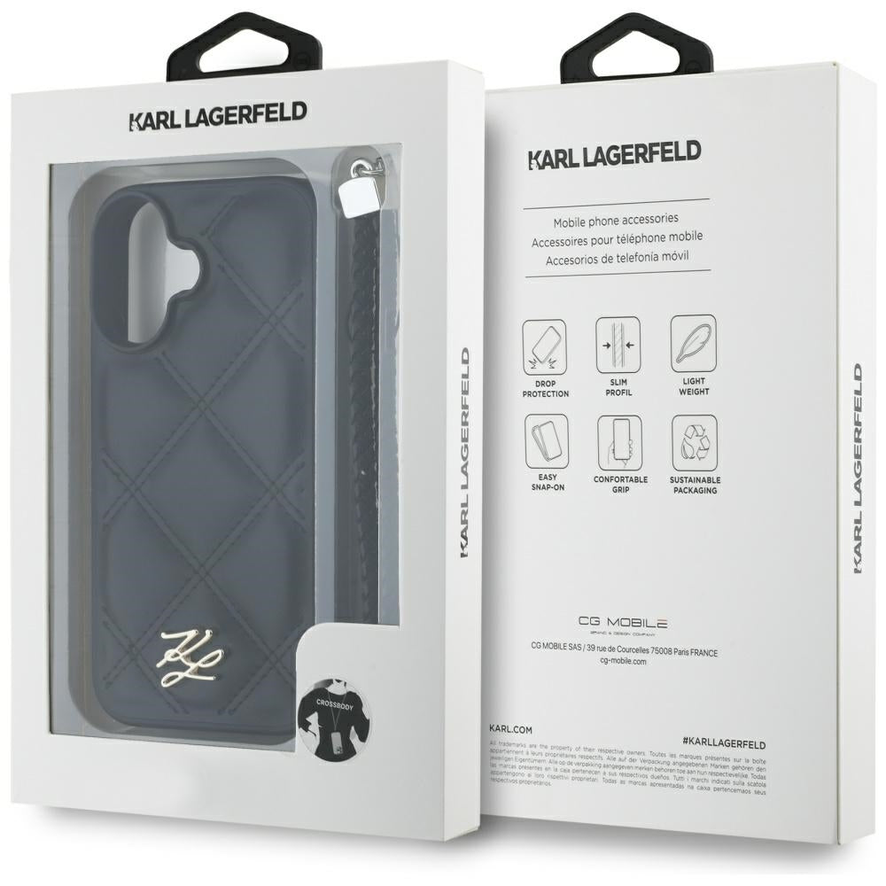 Funda para Apple iPhone 16, Karl Lagerfeld, Logo Inicial Acolchado & Correa de Cadena, Negra