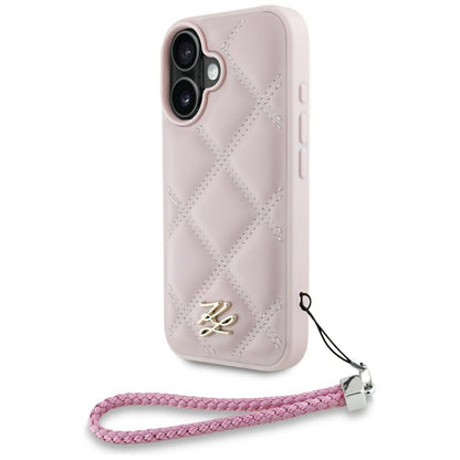 Funda para Apple iPhone 16, Karl Lagerfeld, Logo Inicial Acolchado & Correa de Cadena, Rosa