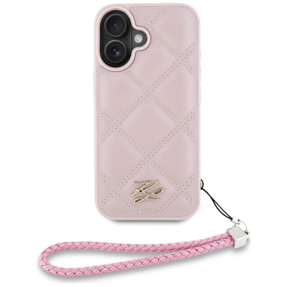 Funda para Apple iPhone 16, Karl Lagerfeld, Logo Inicial Acolchado & Correa de Cadena, Rosa