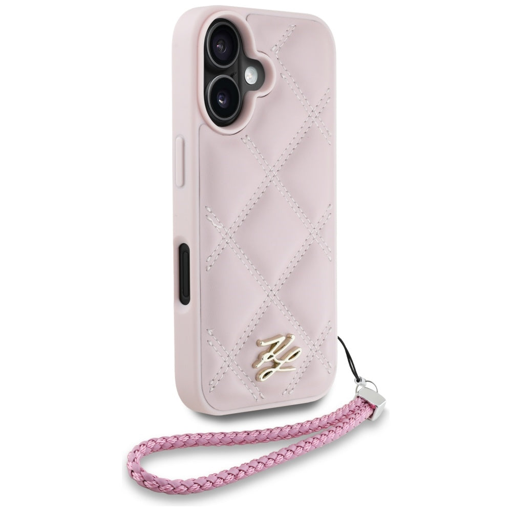 Funda para Apple iPhone 16, Karl Lagerfeld, Logo Inicial Acolchado & Correa de Cadena, Rosa