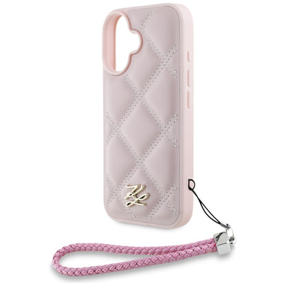 Funda para Apple iPhone 16, Karl Lagerfeld, Logo Inicial Acolchado & Correa de Cadena, Rosa