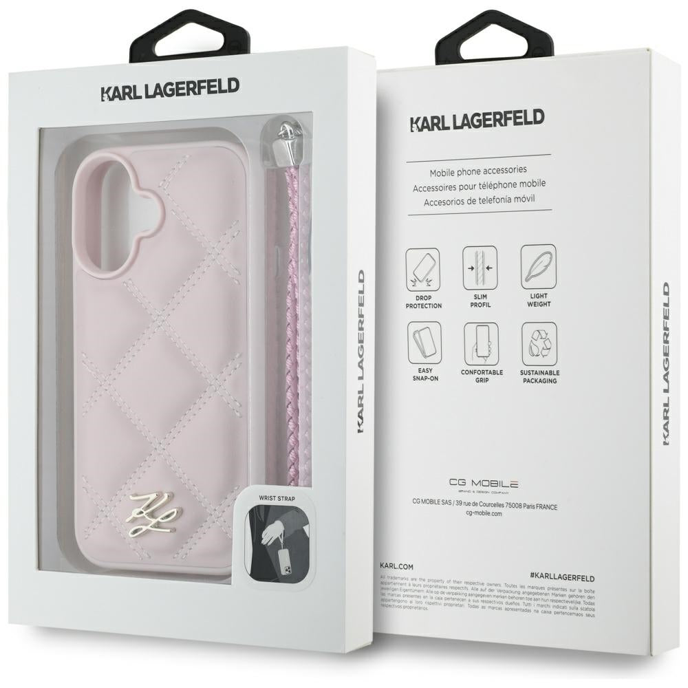 Funda para Apple iPhone 16, Karl Lagerfeld, Logo Inicial Acolchado & Correa de Cadena, Rosa