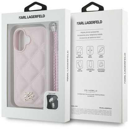 Funda para Apple iPhone 16, Karl Lagerfeld, Logo Inicial Acolchado & Correa de Cadena, Rosa