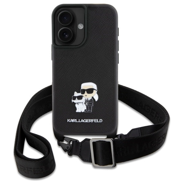Funda para Apple iPhone 16, Karl Lagerfeld, Saffiano Crossbody Metal Pin Karl & Choupette, Blanca
