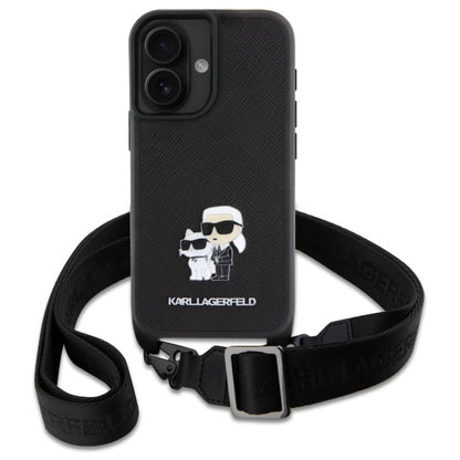 Funda para Apple iPhone 16, Karl Lagerfeld, Saffiano Crossbody Metal Pin Karl & Choupette, Blanca