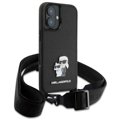 Funda para Apple iPhone 16, Karl Lagerfeld, Saffiano Crossbody Metal Pin Karl & Choupette, Blanca