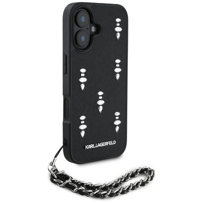 Funda para Apple iPhone 16, Karl Lagerfeld, Saffiano Crystals & Charm, Negra
