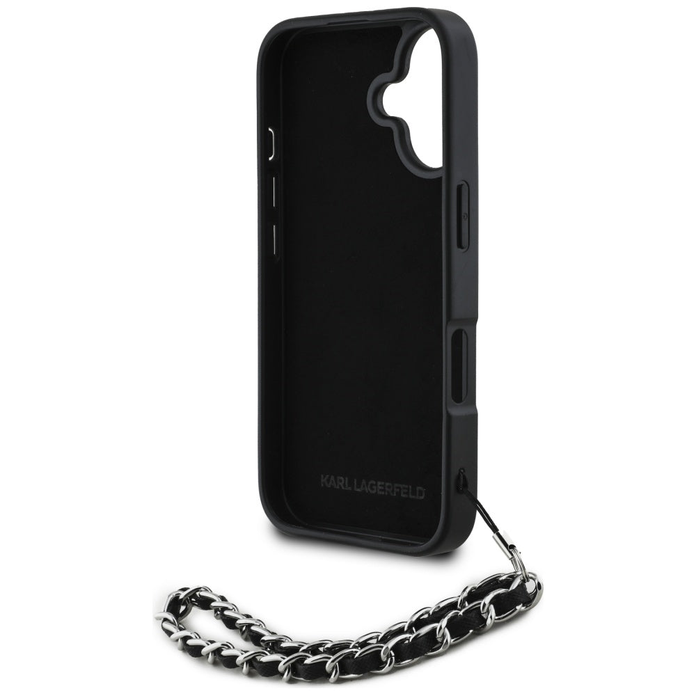 Funda para Apple iPhone 16, Karl Lagerfeld, Saffiano Crystals & Charm, Negra
