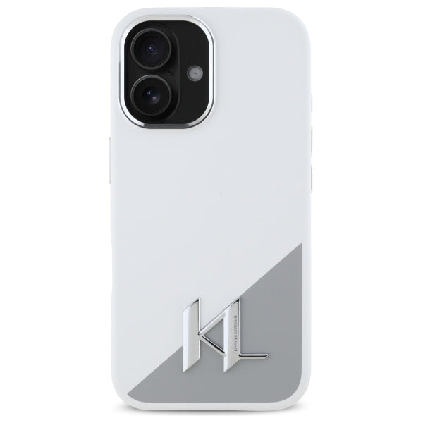 Funda para Apple iPhone 16, Karl Lagerfeld, Silicone White Shadow Metal Initial, Blanca