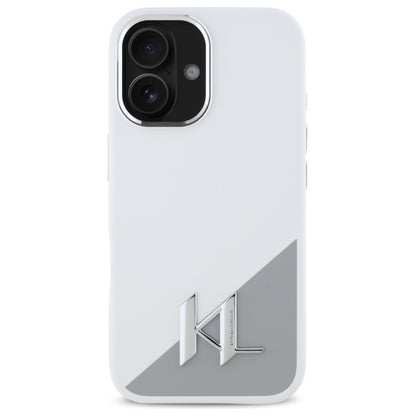 Funda para Apple iPhone 16, Karl Lagerfeld, Silicone White Shadow Metal Initial, Blanca