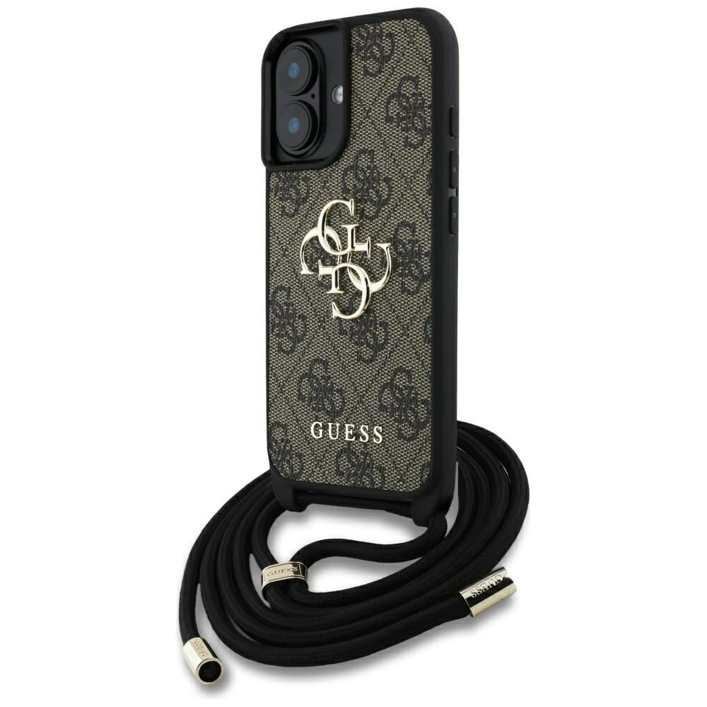Funda para Apple iPhone 16 Plus, Guess, 4G CBDY Big Logo con Correa de Cordón, Marrón.