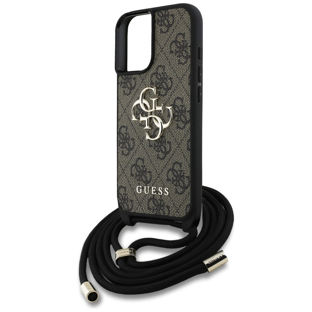 Funda para Apple iPhone 16 Plus, Guess, 4G CBDY Big Logo con Correa de Cordón, Marrón.