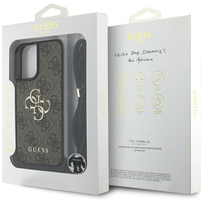 Funda para Apple iPhone 16 Plus, Guess, 4G CBDY Big Logo con Correa de Cordón, Marrón.