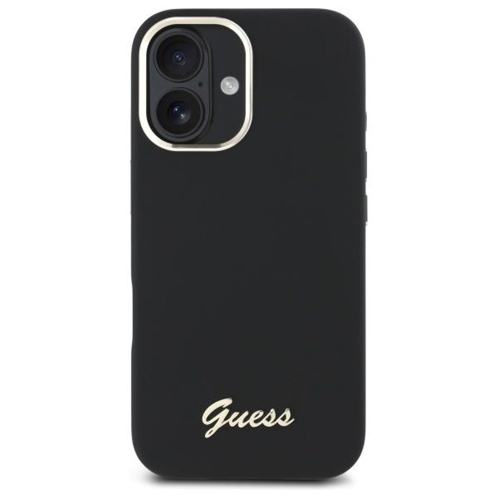 Funda para Apple iPhone 16 Plus, Guess, Script Metal Logo & Frame, Negra