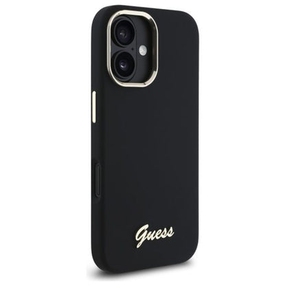 Funda para Apple iPhone 16 Plus, Guess, Script Metal Logo & Frame, Negra