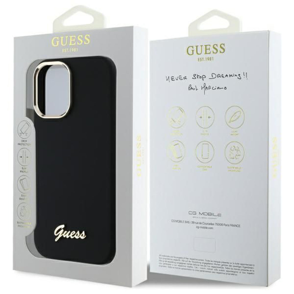Funda para Apple iPhone 16 Plus, Guess, Script Metal Logo & Frame, Negra