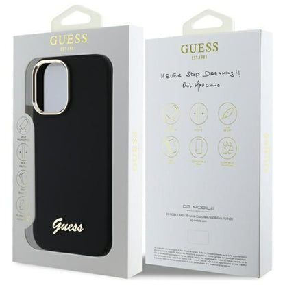 Funda para Apple iPhone 16 Plus, Guess, Script Metal Logo & Frame, Negra