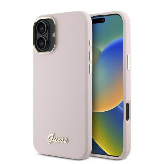 Funda para Apple iPhone 16 Plus, Guess, Script Metal Logo & Frame, Rosa