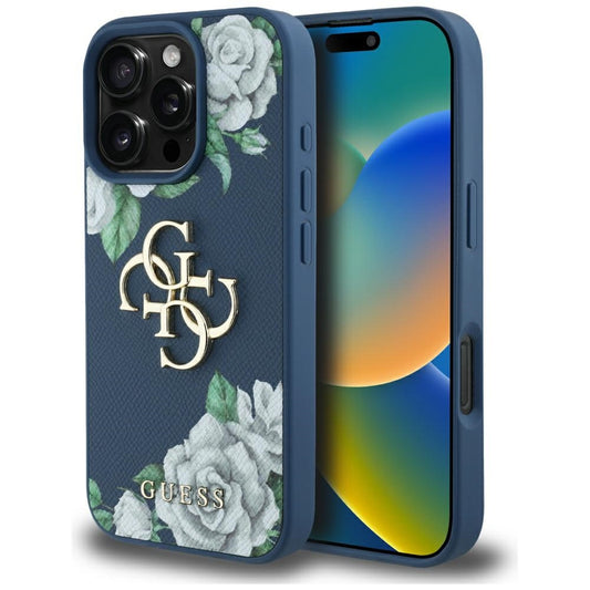 Funda para Apple iPhone 16 Pro, Guess, 4G Grained Roses Big Logo, Azul