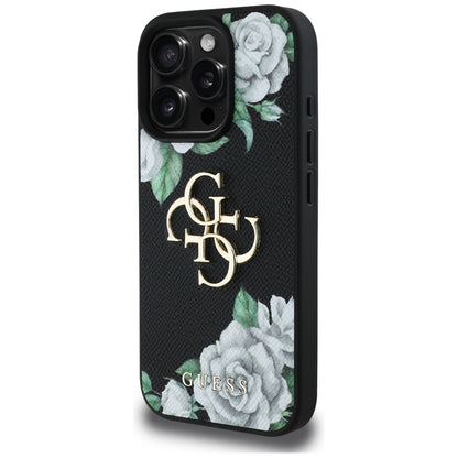 Funda para Apple iPhone 16 Pro, Guess, 4G Grained Roses Big Logo, Negra