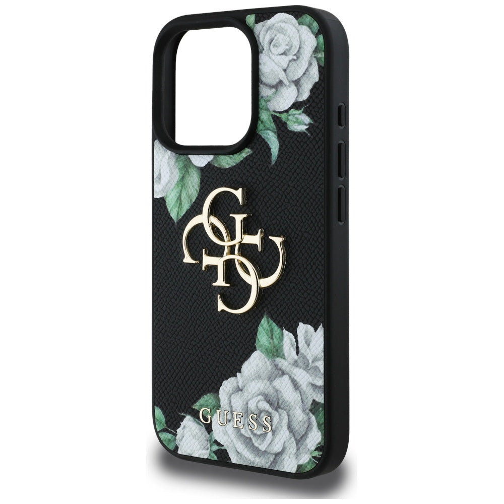 Funda para Apple iPhone 16 Pro, Guess, 4G Grained Roses Big Logo, Negra