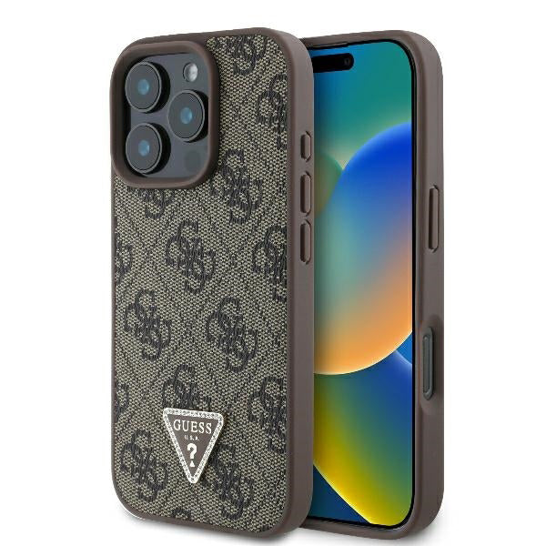 Funda para Apple iPhone 16 Pro, Guess, 4G Triangle Strass, Marrón