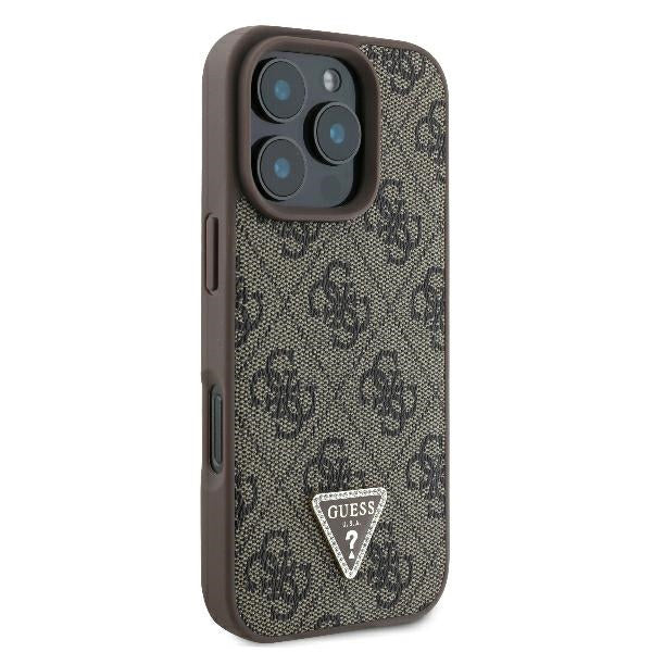 Funda para Apple iPhone 16 Pro, Guess, 4G Triangle Strass, Marrón