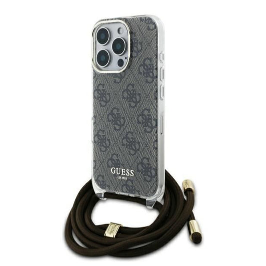 Funda para Apple iPhone 16 Pro, Guess, Crossbody Cord 4G Print, Marrón