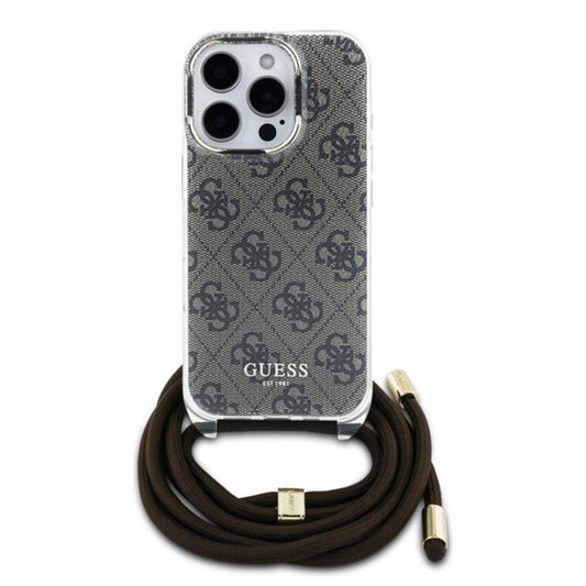Funda para Apple iPhone 16 Pro, Guess, Crossbody Cord 4G Print, Marrón