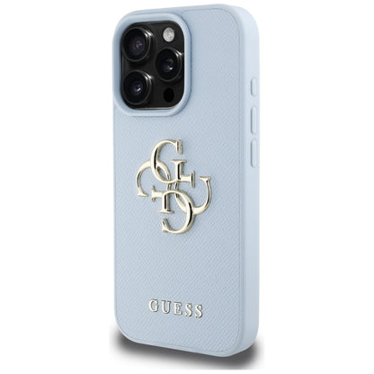 Funda para Apple iPhone 16 Pro, Guess, Grained Big 4G Logo Small Classic Logo, Azul
