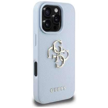 Funda para Apple iPhone 16 Pro, Guess, Grained Big 4G Logo Small Classic Logo, Azul