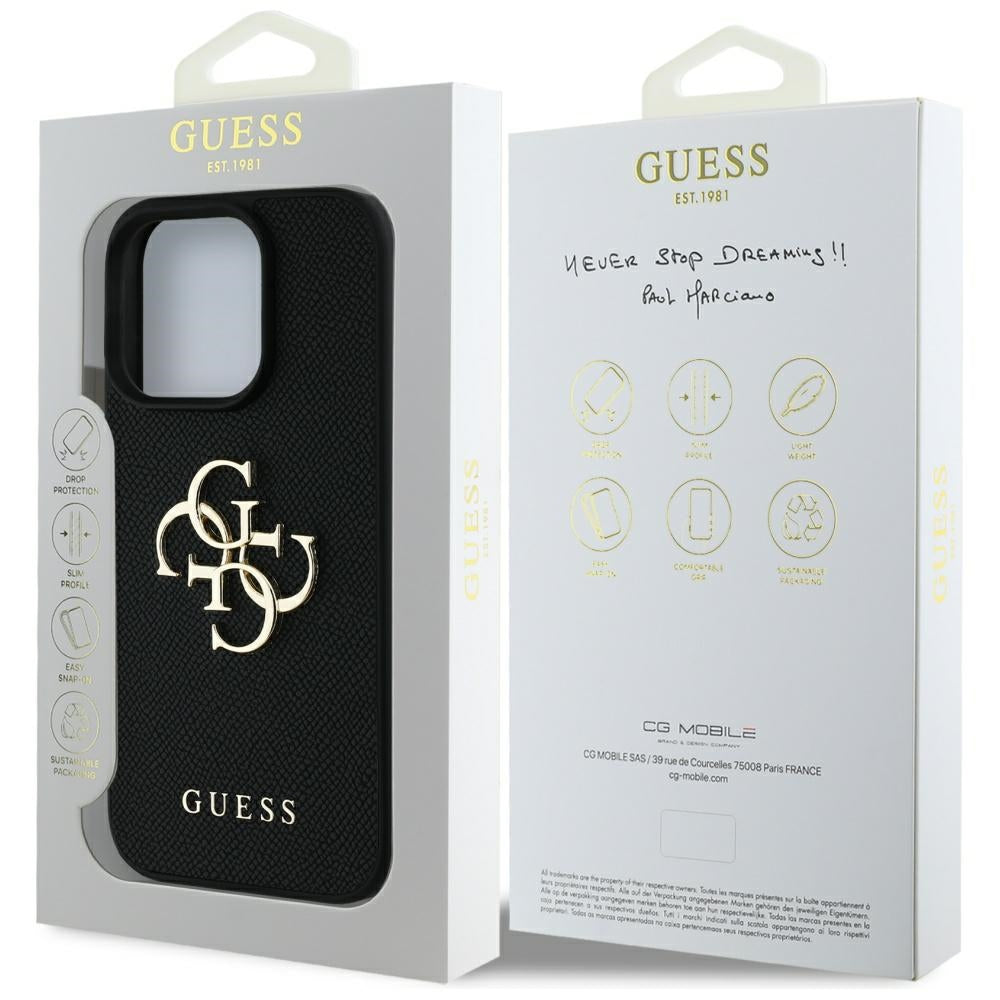 Funda para Apple iPhone 16 Pro, Guess, Grained Big 4G Logo Small Classic Logo, Negra