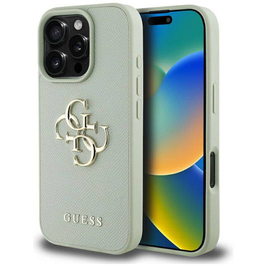 Funda para Apple iPhone 16 Pro, Guess, Grained Big 4G Logo Small Classic Logo, Verde
