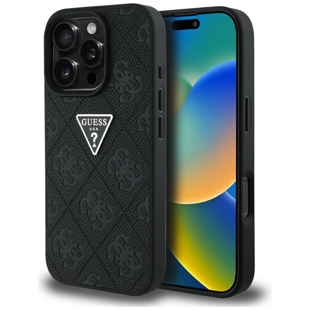 Funda para Apple iPhone 16 Pro, Guess, Hot Stamp 4G Pattern Triangle Logo, Negra